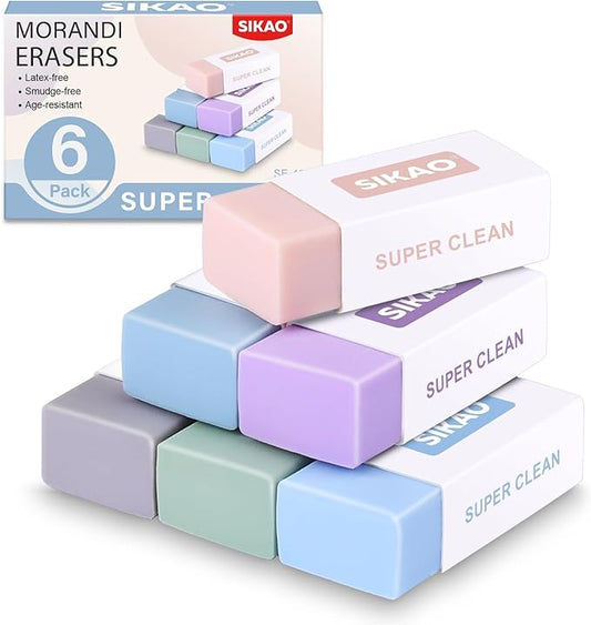 Morandi Erasers, 6 Pack Aesthetic Block Pencil Erasers – Soft Neutral Colors, Smudge-Free Latex-Free Erasers for School, Office, Journaling & Drawing