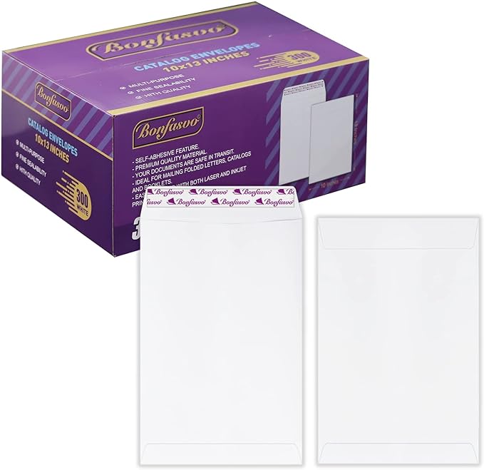 Bonfasvo 300 Pack 10x13 White Catalog Envelopes Peel & Seal Security Mailing Envelopes 120GSM Kraft Paper self Seal Envelopes for Invitations Papers Photos Documents Pictures Papers Files