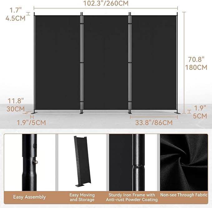 C-Hopetree 3 Panels Room Divider, 6 Ft Tall Indoor Folding Privacy Screen, Portable Partition Separator, Freestanding Separation Temporary Wall for Office, Bedroom, 102" W X 71" H, Black