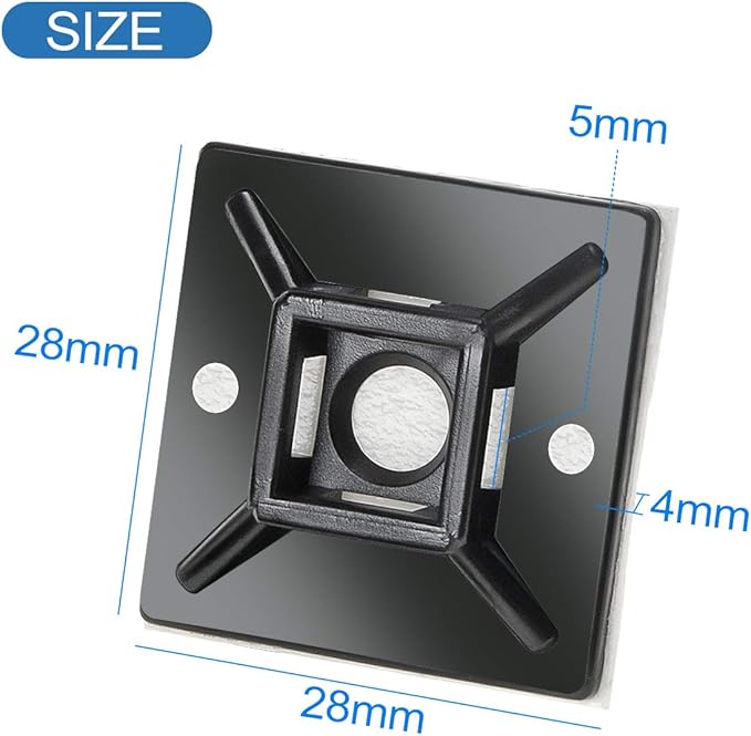 XHF 100 PCS 1.1" Black Self Adhesive Cable Zip Tie Mounts Wire Cable Clips Holders Management Anchors Organizer Holders Squares(HS-102)