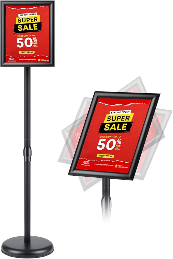 RedChili Sign Holder Stand 8.5x11 Inch, Adjustable Floor Standing Sign Holder Signage Stand with Aluminum Snap-Open Frame Vertical Horizontal View Display For Malls Schools Restaurants (Black, Sharp Corner)