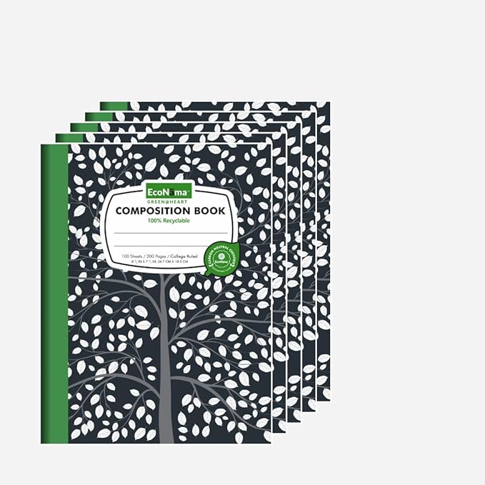 EcoNama Composition Notebooks Pack of 5 College Ruled 200 Pages (100 Sheets) 9.75"x7.5" Black Marble Carbon Neutral Recyclable Paper Eco-Friendly School & Office Supplies For Students and Professionals