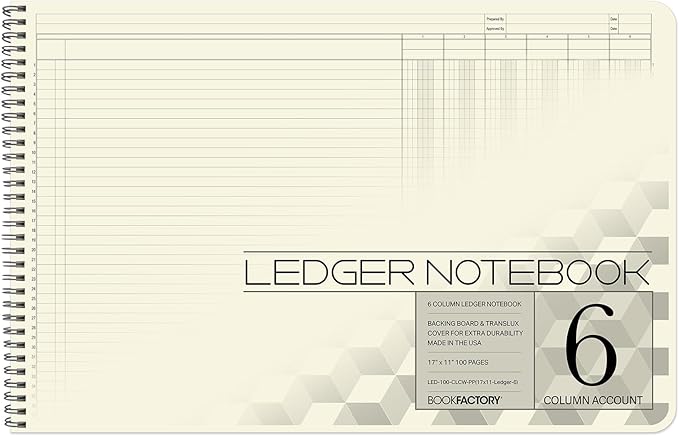 BookFactory Accounting Ledger Notebook/Large 6 Column Accounting Ledger Columnar (Six Columns) Log Book - 17'' x 11'', 100 Pages, Wire-O Landscape Format (Made in USA)