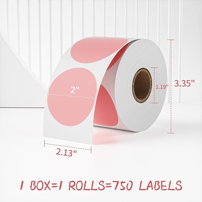 MFLABEL 2" 750 Pink Circle Direct Thermal Stickers Labels Roll, Compatible with Zebra, Rollo, MUNBYN, Self-Adhesive Round Direct Thermal Labels