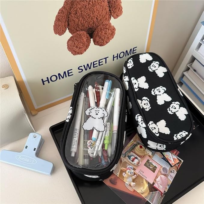 Cute Puppy Japanese Pencil Case Clear Case Large Capacity Canvas PVC Aesthetic Pen Holder Pencil Pouch Box