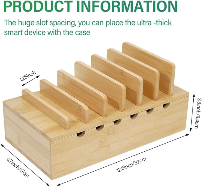 LEOKKARR Bamboo Charging Station for Multiple Devices, Desk Docking Stations Organizer Compatible with iPhone Devices, Wood Charging Cell Phone Holder Stand (Includes 6 Cables) (NO Power Supply)