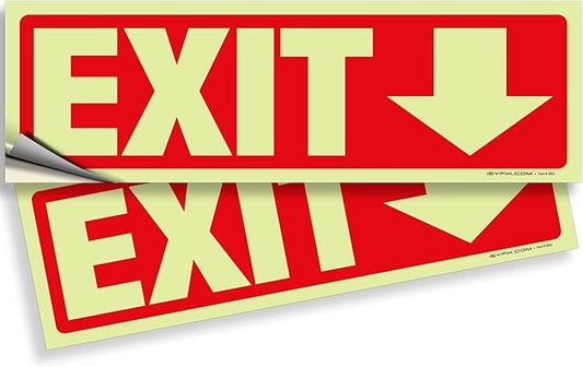 iSYFIX Exit Stickers Signs with Directional Down Arrow 2 Pack 12x4 Inch - Glow in the Dark Photoluminescent Vinyl for Office, School, Business, Warehouse - UV & Weather Resistant for Indoor/Outdoor Use