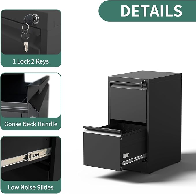 FLIXELIO 2 Drawer File Cabinet with Lock,Metal Vertical Filing Cabinets for Home Office,Heavy Duty File Storage Cabinet for Letter/Legal/A4/F4 Size File,Assembly Require (Black, Vertical 2 Drawer)