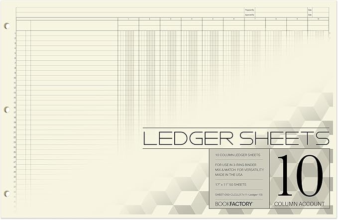 BookFactory Ledger Sheets/Large 10 Column Accounting Ledger Columnar (Ten Columns) Loose Leaf Paper - 17'' x 11'', 50 Pages, Loose Leaf, 3 Hole Punched (Made in USA)