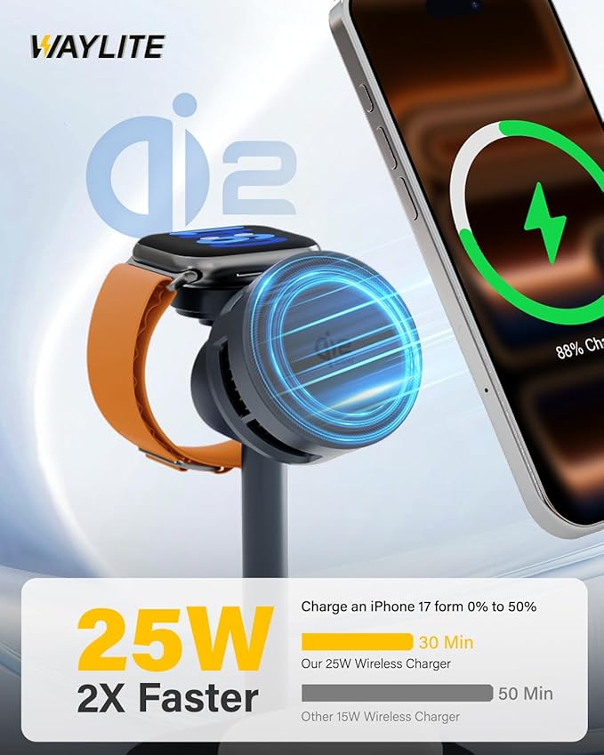 25W Qi2.2 Fast Wireless Charger Stand for Apple MagSafe Charger, 3 in 1 Charging Station with TEC Cooling, Magnetic Wireless Charger for iPhone17/16/15/14/13/12, Apple Watch, AirPods, Gifts for Men