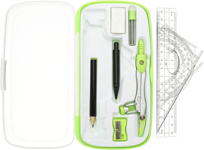 PATIKIL Geometry Precision Tool Set, 11 Pcs Geometry Set Compass Tool with Shatterproof Storage Box Rulers Math Compass Kit for Math Drafting Supplies, Yellow Green(Style 2)