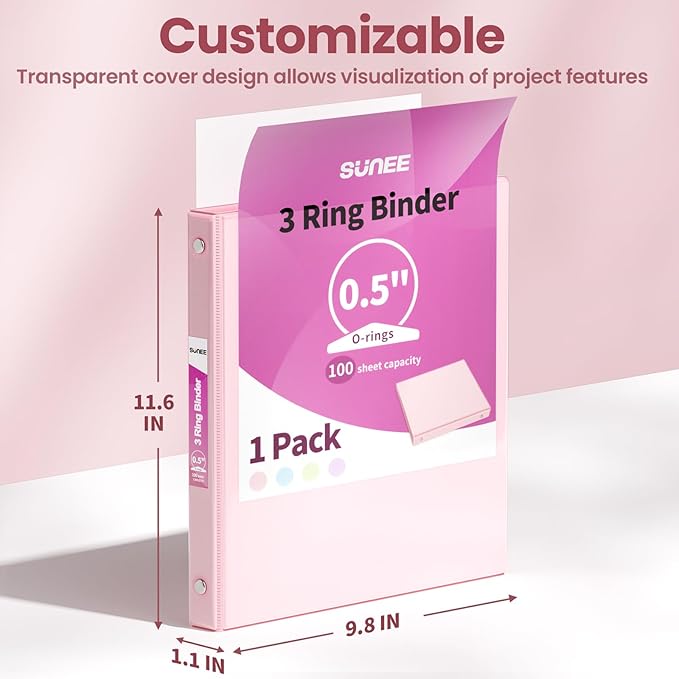 SUNEE 3 Ring Binder 1/2 Inch 1 Pack, Clear View Binder Three Ring PVC-Free (Fit 8.5x11 Inches) for School or Office Supplies, Pink