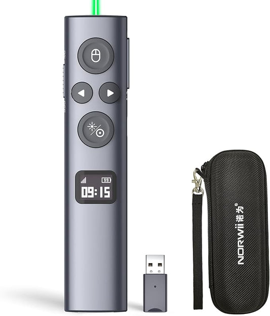 Norwii N95s BLE Presentation Clicker with Digital Pointer for PowerPoint Presentation on TV Screen and Projection Screen, Wireless Presenter Remote with Countdown Timer (Green Light-USB-A)