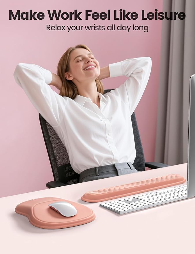 Meatanty Keyboard and Mouse Wrist Rest Set, Ergonomic Wrist Pad Support, Computer Hand Palm Rest Combo, Memory Foam Typing Desk Accessory Carpal Tunnel Cushion, Laptop Office Home School Women-Pink