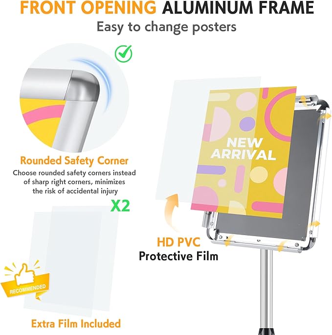 RedChili Sign Holder Stand 8.5x11 Inch, Floor Standing Sign Holder With Rotated Snap-Open Aluminum Frame, Angle Height Adjustable Signage Stand with Round Base for Advertising Poster (Silver, Round Corner)