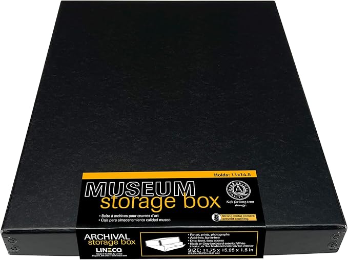 Lineco Museum Archival Storage Box, 11.75x15.25x1.5 in. Drop Front Design. Acid-Free with Metal Edge. Organize Photos, Pictures, Prints, Documents, Crafts, DIY. Black, 1 Pack