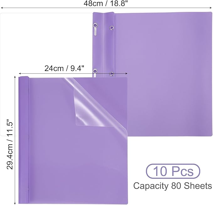 PATIKIL Plastic Report Covers with Prong, 10 Pcs 80 Sheet Clear Front Presentation Binders with 3 Metal Prong Fasteners Report Folder for Resume Documents Files Letter, Light Purple