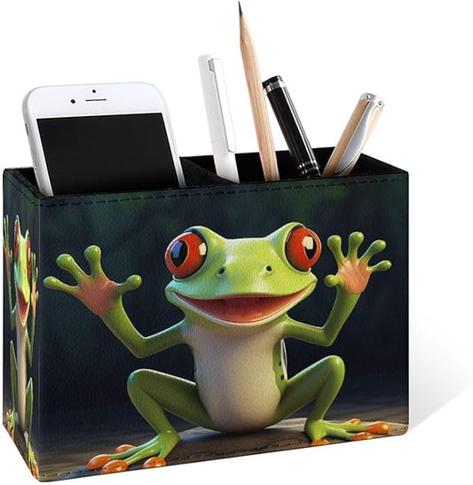 Famame Green Frog Open Hand Pencil Holder for Desk, Leather Desktop Container Pen Cup Storage Study Table Pen Organizer Makeup Brush Holder for Classroom Office Home