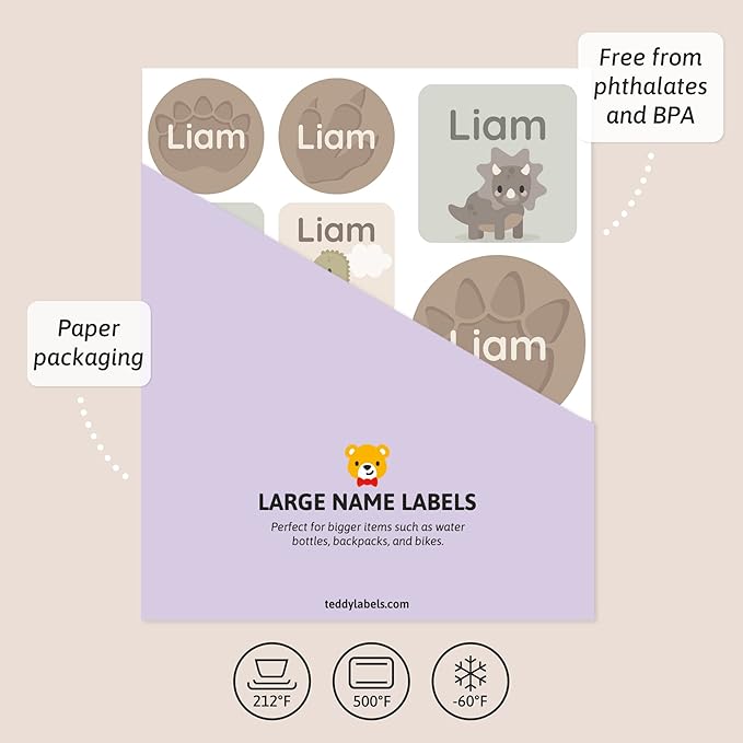 Large Name Labels for Kids (33) - Custom Stickers for Daycare and School Supplies - Durable, Waterproof Stickers for Water Bottles, Lunch Boxes, and More with Unique Designs - Dinosaur