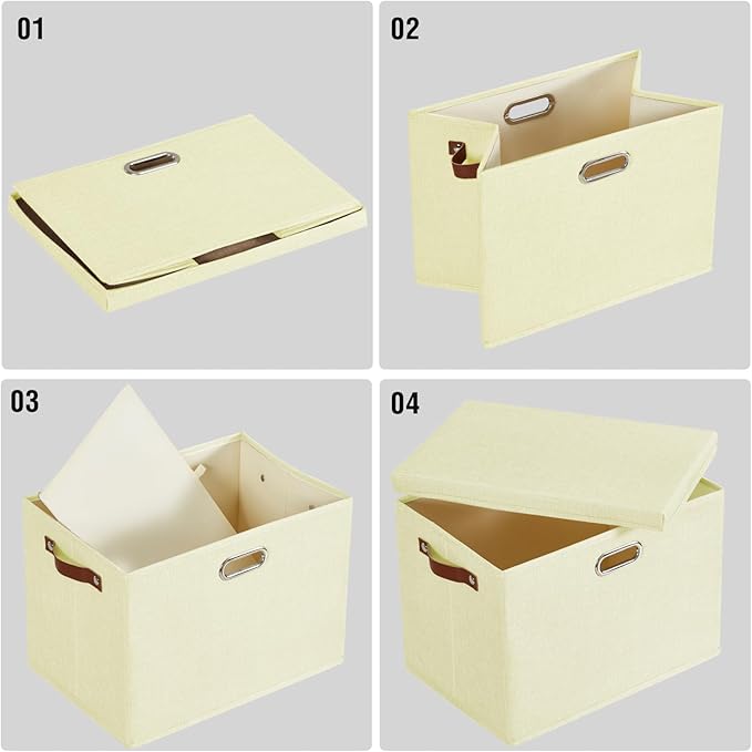 Roobyl 17" Large Collapsible Storage Bins with Lids, Stackable Closet Organizers with PU Handle and Labels, 3-Pack Decorative Fabric Storage Boxes for Home, Bedroom, Closet, Office, Nursery(Beige)