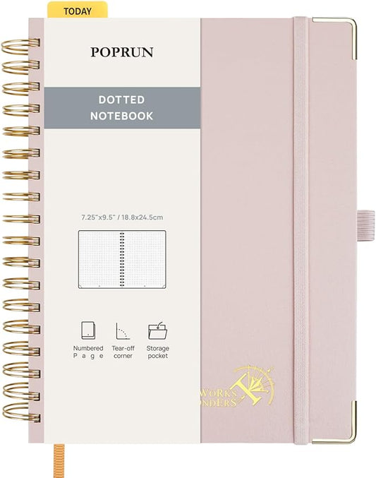 POPRUN Spiral Bullet Dotted Journal Notebook, 7-1/4" x 9-1/2" - 120 GSM Thick Paper, 220 Numbered Pages, Hardcover for Men & Women with Pocket, Index Tabs, 8 Perforated Sheets, Light Pink