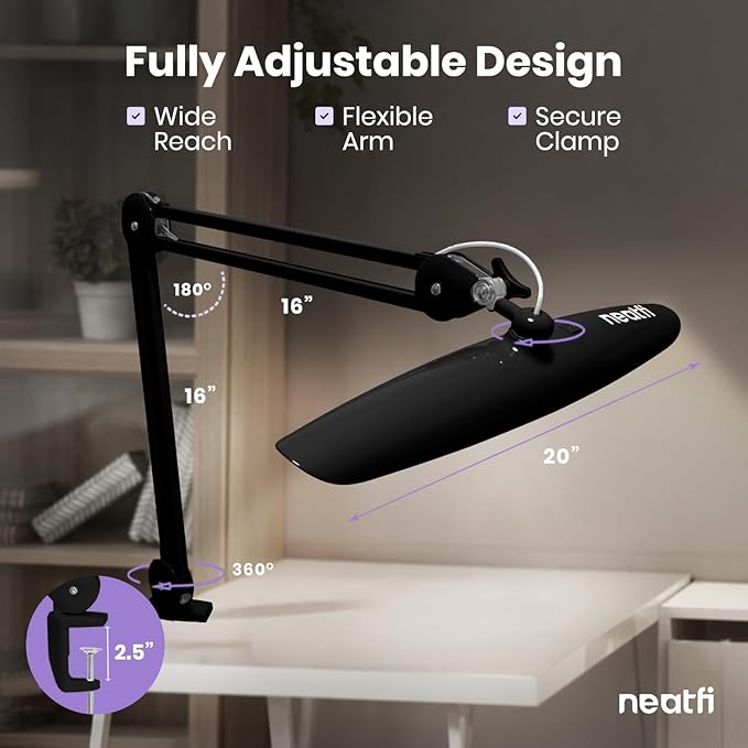 Neatfi XL 2,200 Lumens LED Desk Lamp with Clamp, 24W Bright Architect Task Lamp, 20 Inches Dimmable Computer Light, Adjustable Desk Light for Home, Office, Crafts, Nails & Hobbies (Non-CCT, Black)
