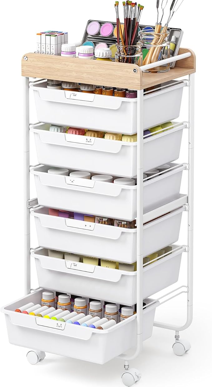 Rolling Storage Utility Cart With 6 Drawers,Art Supply Craft Organizer,Sewing Makeup Organizer And Storage,Office Organization Wooden Tabletop,White