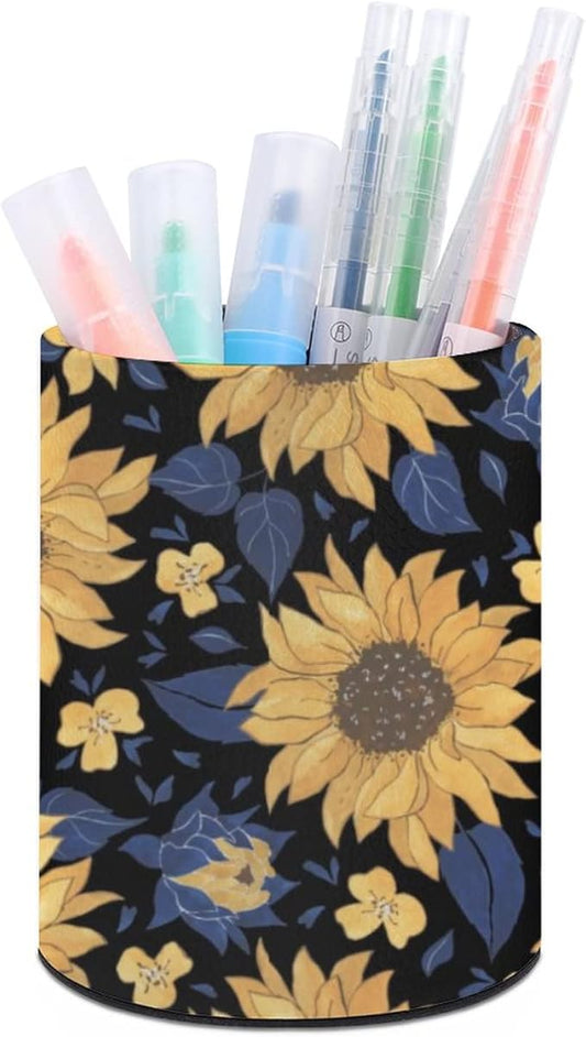 DIYYAO Personalize Sunflower Pattern Circular Pen Holder - Desk Pen Organizer Control Storage Box Makeup Brush Holder (E)