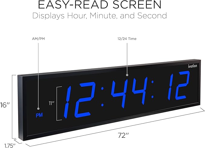 Ivation Huge Oversized 72" Large Digital LED Clock | Big Digital Clock w/Multi-Function Display – Stopwatch, Timer, Alarms, Temp & Date | 6 Brightness Levels, Time Memory & Remote (Blue)
