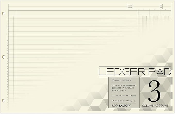 BookFactory Ledger Pad/Large 3 Column Accounting Ledger Columnar (Three Columns) Pads - 17'' x 11'', 50 Pages, Notepad Landscape Format (Made in USA)