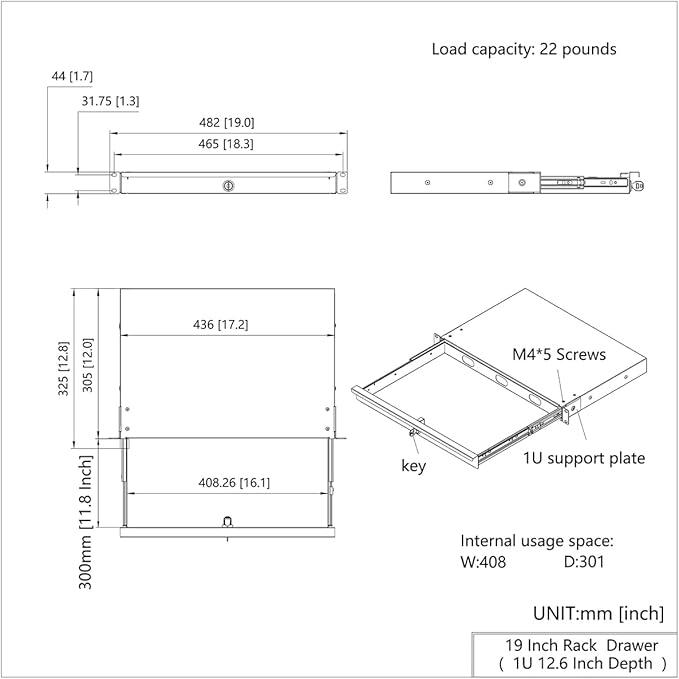 QiaoYoubang 1U Server Cabinet Case 19 Inch Rack Mount Lockable Drawer with Key, 12.6 Inch Depth (1U)