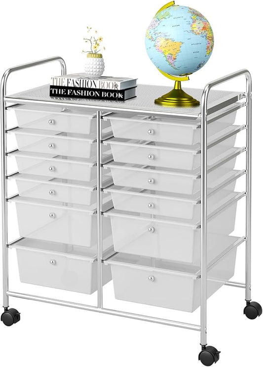 Happygrill 12-Drawer Rolling Storage Cart, Multipurpose Storage Cart W/Lockable Wheels, 2 Sizes Plastic Drawers & Metal Shelf, Mobile Utility Cart for Home Office School