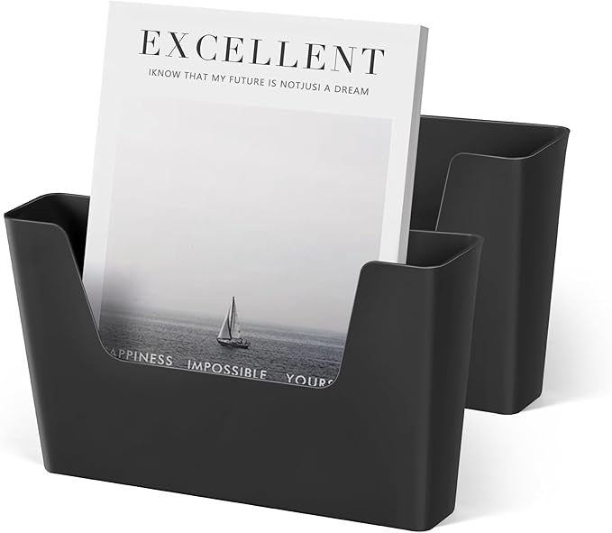 YOHOM No Drilling File Holder Wall Mails Magazines Organizer Adhesive Door Mount, Single Pocket, (White 1) (BLACK, 2 PCS)