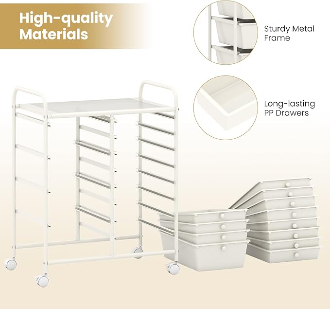 Giantex 12 Drawer Rolling Cart with Drawers, Storage Organizer Cart for Classroom Office School Teacher, Mobile Drawer Cart for Tools, Crafts, Small Printer, Ivory