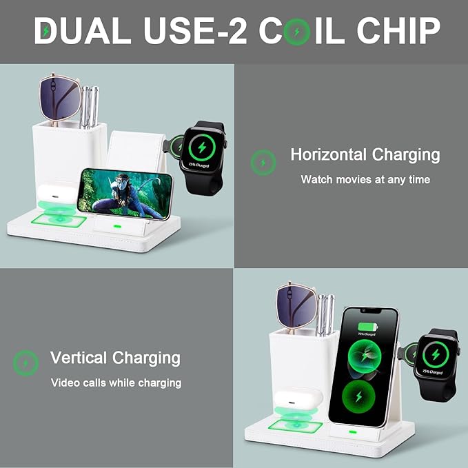 LADSTAG White Leather Pen Holder Desk Organizer with 3-in-1 Wireless Charger for Phone, Earbuds, Watch - Desktop Phone Stand,birthday gifts for women,mom gifts (white)