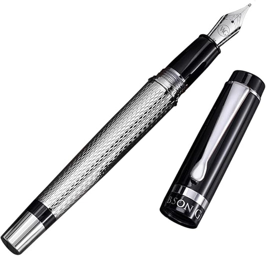 Webson Gill ‘The Raider’ Silver Luxury Executive Fountain Pen, Polished Lacquer & Chrome, Medium Nib, Smudge Free No Bleed, Use Any Fountain Ink w/Included Converter, Fits Cartridges sold separately