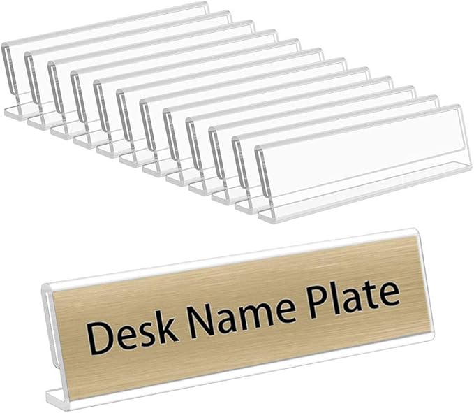 NIUBEE 12 Pack Acrylic 2x8 Name Plates for Desks,Horizontal Slant Back 2x8 Sign Holder for Table Display,Plastic Name License Plate Holder for Office Classroom Teacher Kids Woman Man,Blank