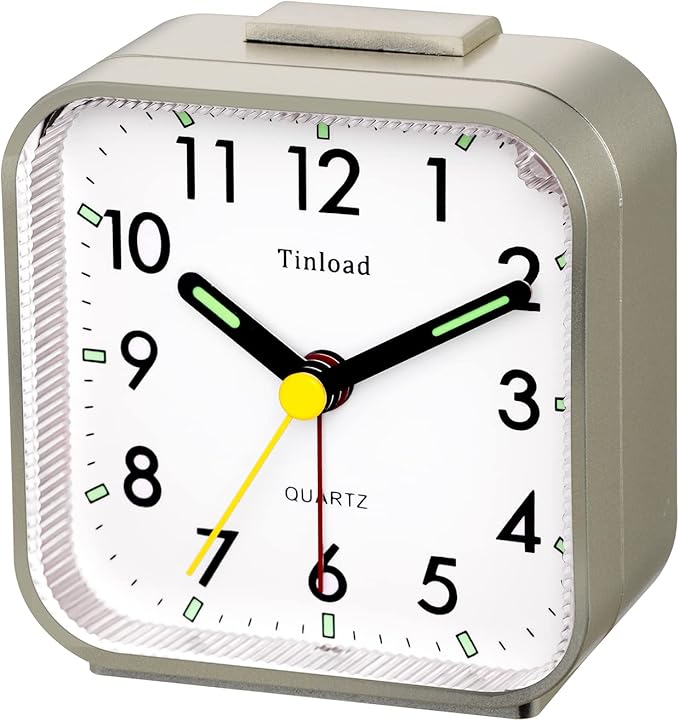 Tinload Small Battery Operated Analog Travel Alarm Clock Silent Non Ticking,Gentle Wake, Ascending Beep Sounds, Snooze,Lighted on Demand,Easy Set(Gold)