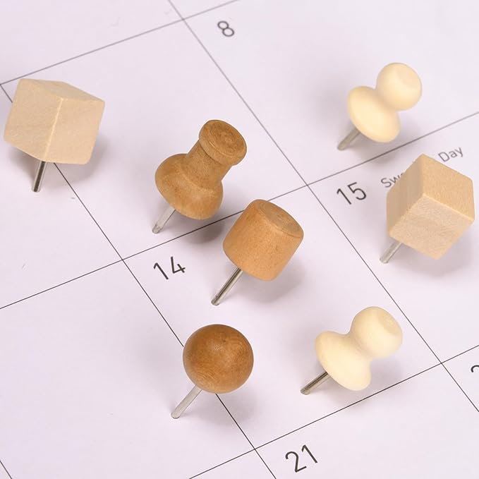 Thumb Tacks for Bulletin Boards,Wooden Push Pins - 140Pcs 5 Styles & 2 Colors, Decorative Pins for DIY Crafts, Home Office, with Storage Box (Multi-Purpose)
