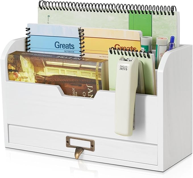 Flexzion 3 Tier Wooden Desk Organizer - Country Rustic Mail Organizer Countertop Compartments Slot File Tray Pencil Sorter Shelf Holder Accessories Set with Storage Drawer for Home Office, Beige Wood