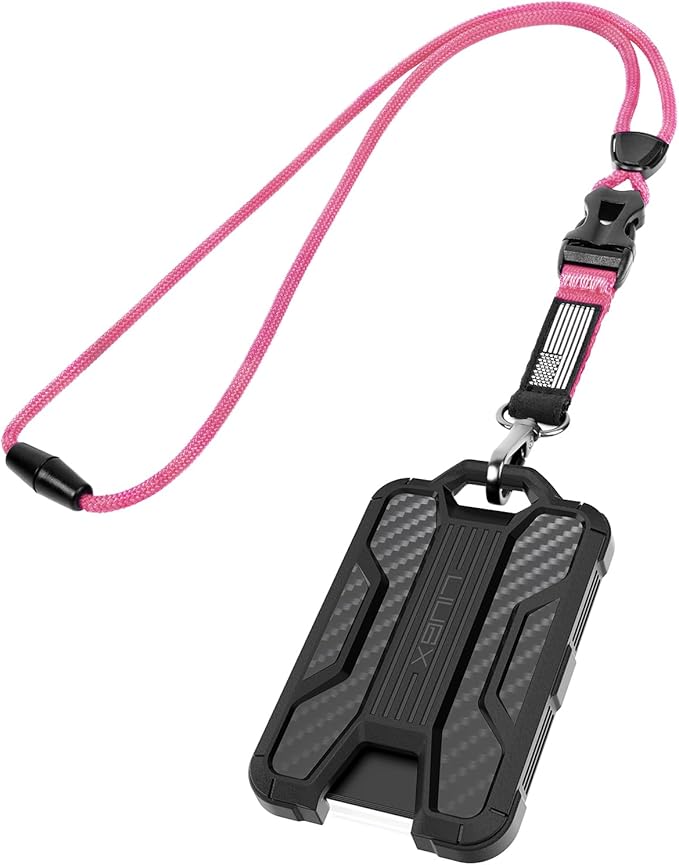 LIUGX Badge Holder with Heavy Duty Breakaway Lanyard, Carbon Fiber-Texture, Durable ID Card Holder (Holds 6 Cards) with Quick Release Detachable Buckle, Metal Clip, American Flag