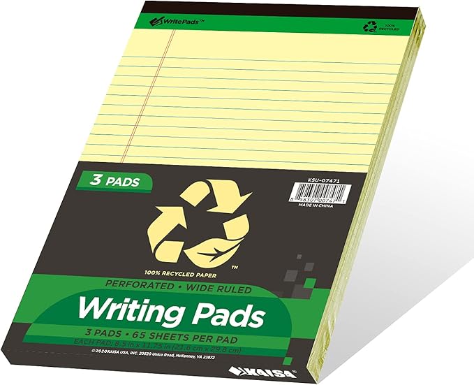 KAISA Yellow Legal Pads Writing Pads Recycled Paper 8.5"x11.75" Wide Ruled Perforated 50 sheets Hard Back Notepads 8-1/2"x 11-3/4" Writing Tablet Canary For Office Supplies (Canary 3pads)