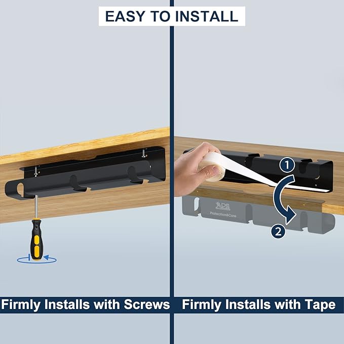 APS Under Desk Cable Raceway Tray 2 Pack - 16" Sturdy Metal Cord Organizer, No Drill Clamp Mount for Wire Hiding, Holds 15lbs+ for Office Home Desks - Black