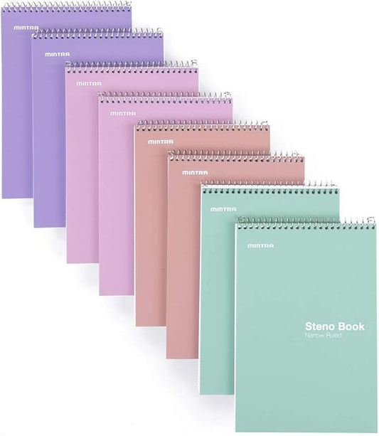 Mintra Office Steno Books - (Pastel 8PK - Lavender, Sage, Salmon, Spring Pink) - Poly Cover, Narrow Ruled Paper, 6" x 9", 100 sheets for Writing Notes for school, office, 6x9 steno notepad, top bound spiral (8 PACK)