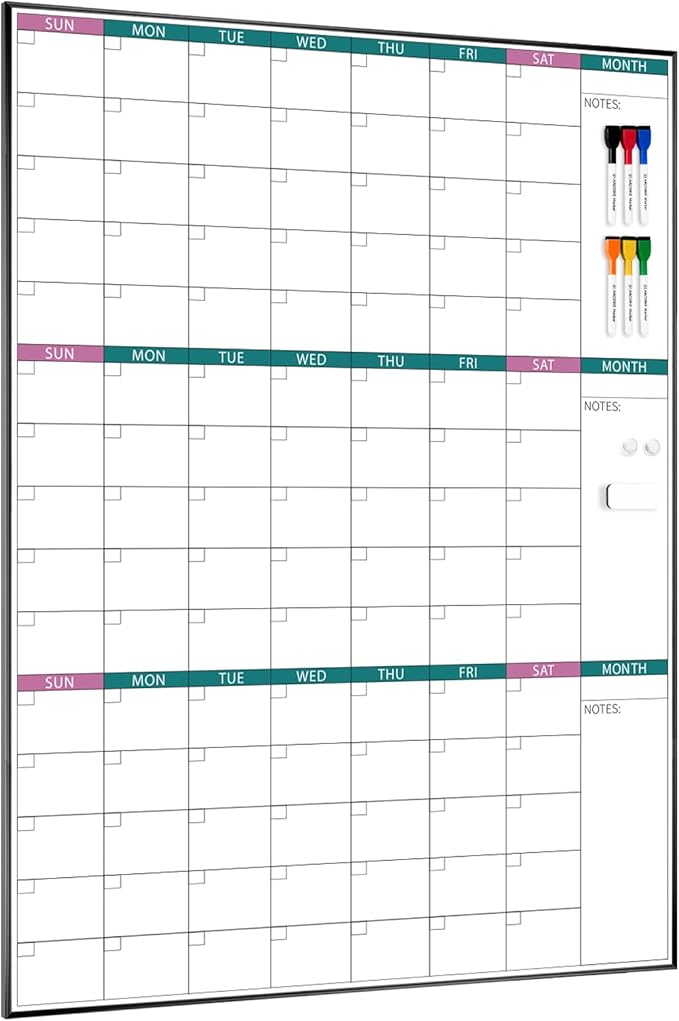 ARCOBIS 3-Month Dry Erase Calendar for Wall, 39"x28" Magnetic Whiteboard Calendar with Black Aluminum Frame, Monthly Calendar Board for Office, Home, School