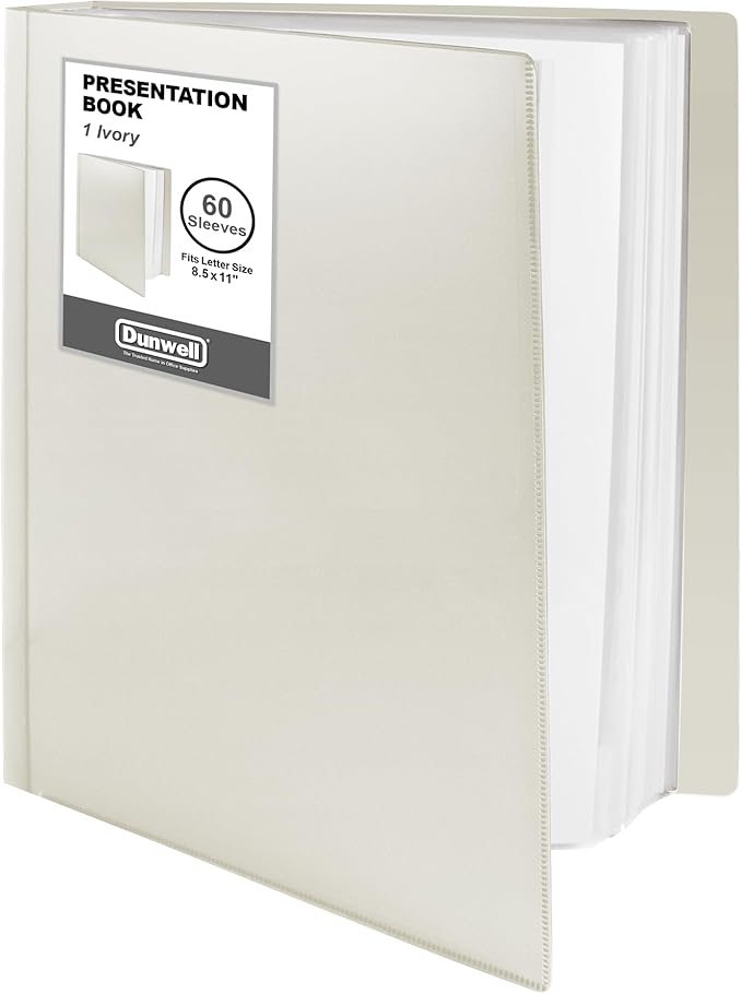 Dunwell Presentation Binder 60-Pocket, Displays 120 Pages, 8.5x11 Portfolio Binder with Plastic Sleeves, Storage and Organizer for Documents, Photos, Kids Artwork, Projects, Recipes (Ivory)