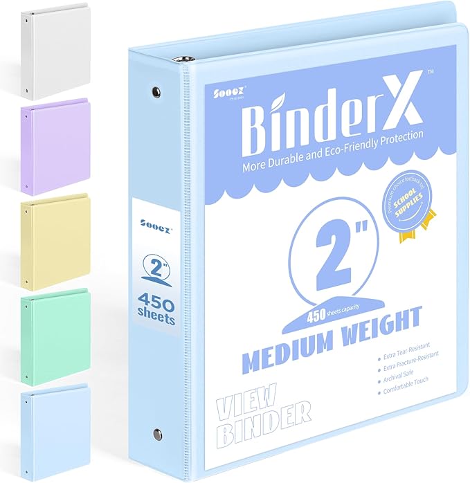 BinderX Extra Durable 3 Ring Binder, Round Ring 2 Inch Binders, Fits 450 Sheets of 8.5x11 Paper, Customizable View Cover with Inside Pockets, Cute 2" Binder, School Supplies for Girls, Blue