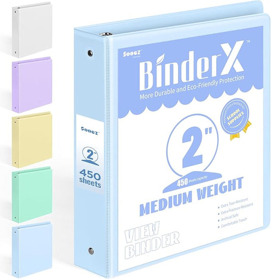BinderX Extra Durable 3 Ring Binder, Round Ring 2 Inch Binders, Fits 450 Sheets of 8.5x11 Paper, Customizable View Cover with Inside Pockets, Cute 2" Binder, School Supplies for Girls, Blue