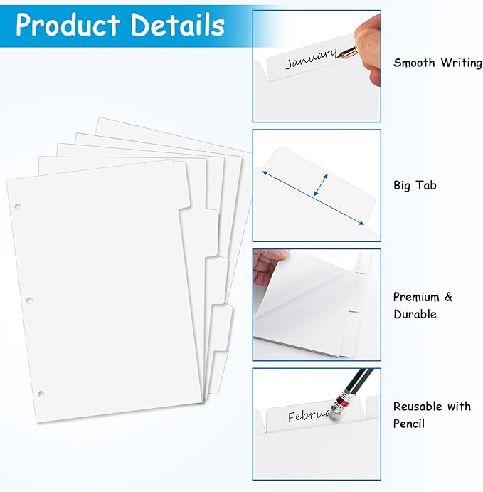Binder Dividers for 3 Ring Binder, 1/5 Cut Tabs, Letter Size, Blank Write On Page Dividers with 5 Big Tabs for School Office Home, 8 Sets, 40 Dividers, White