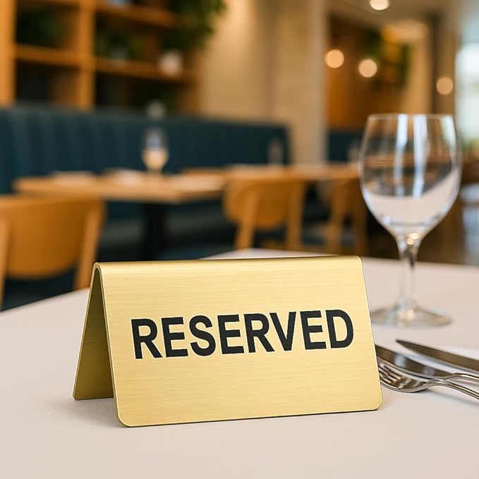 Stainless Steel Reserved Table Sign, Set of 6, 2.36 x 3.94 Inch Tent-Style Signs, Brushed Gold Metal, Durable and Easy to Read for Restaurants, Cafes, Hotels, Weddings, and Events (Gold)